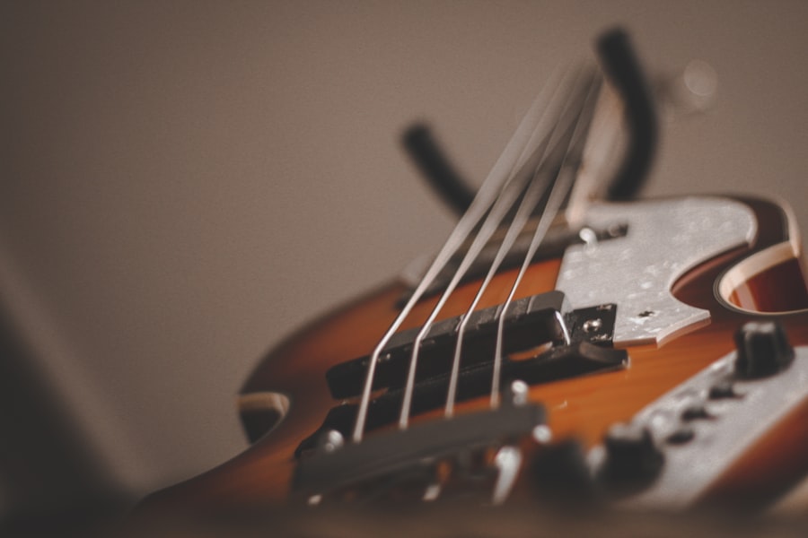Close-up of a bass guitar bridge and strings