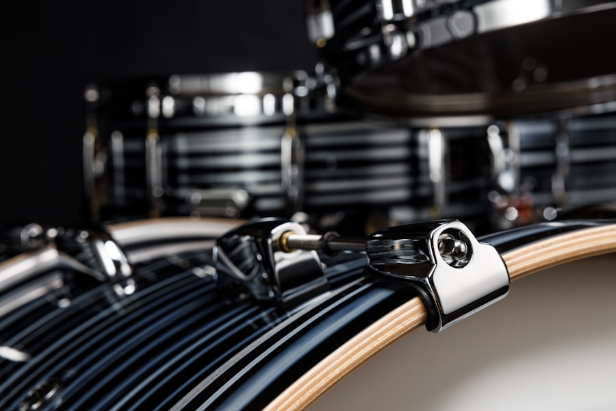 Close-up of a drum kit shell and rim hardware