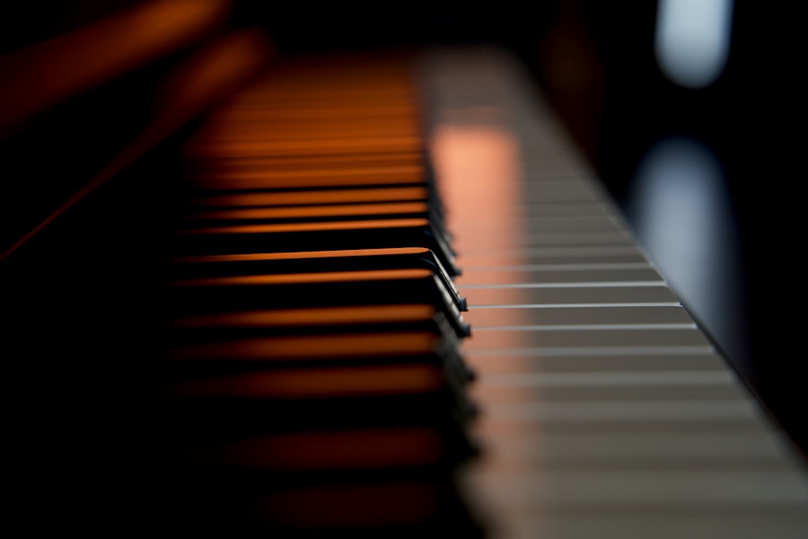Close-up of piano keys, warm side light